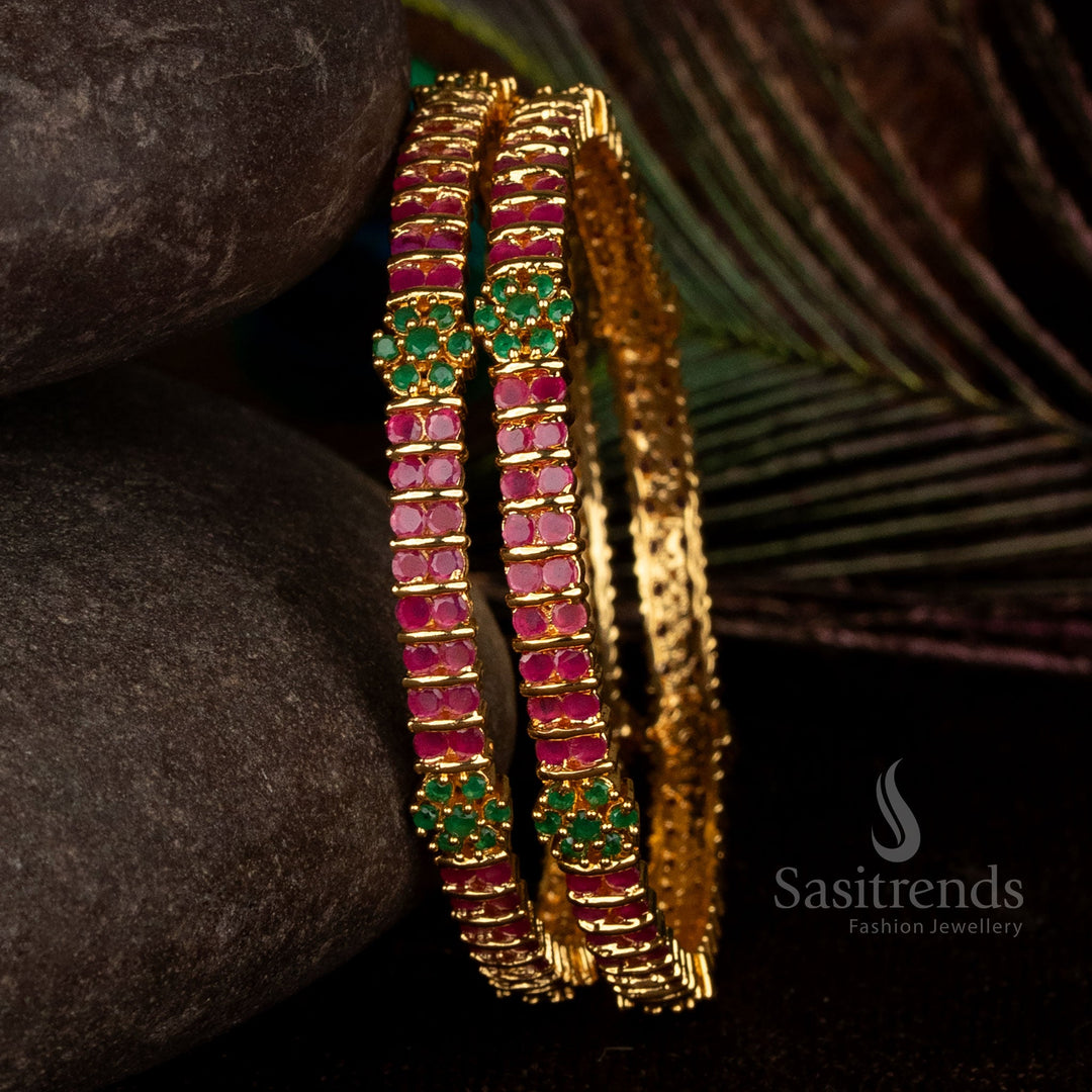 American diamond micro gold twin line floral design bangles with gold look – Sasitrends