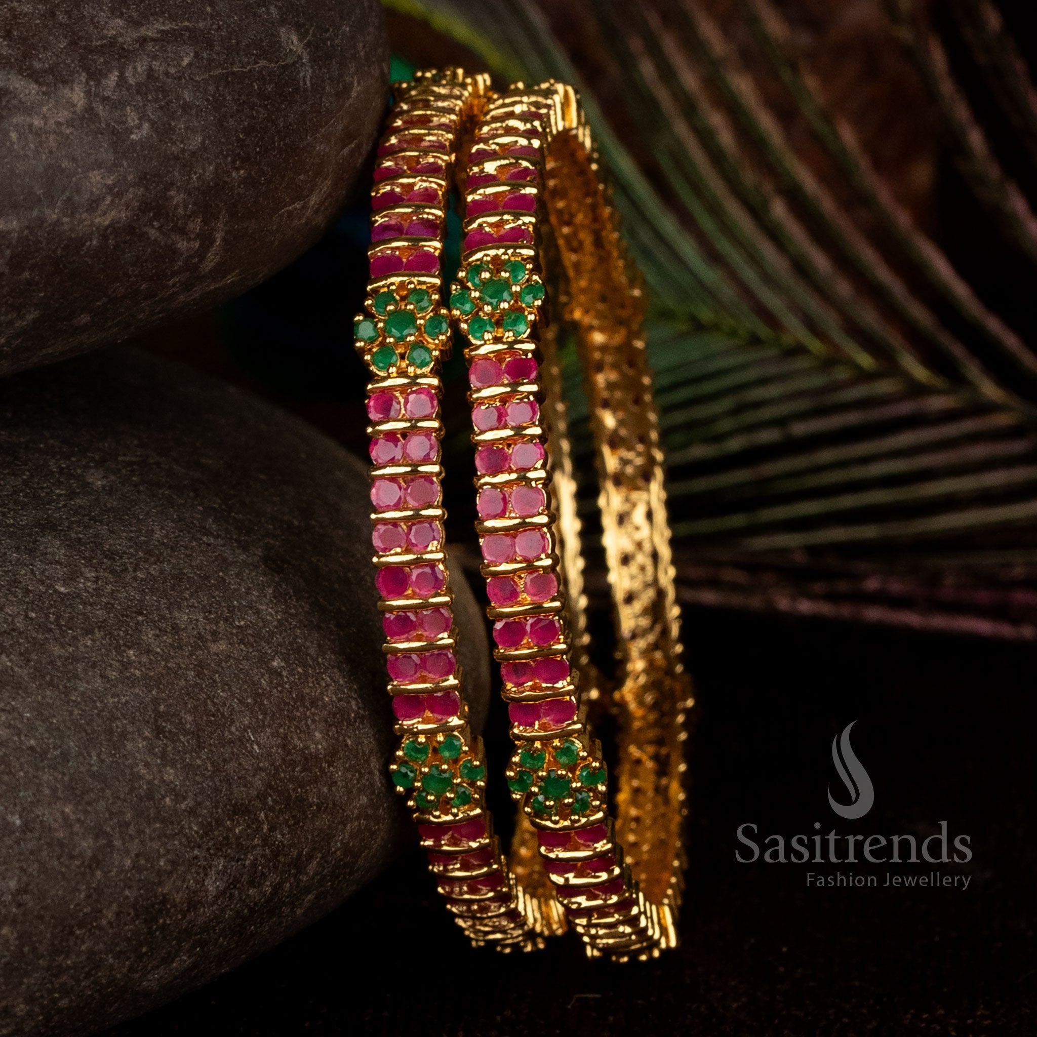 American diamond micro gold twin line floral design bangles with gold look – Sasitrends