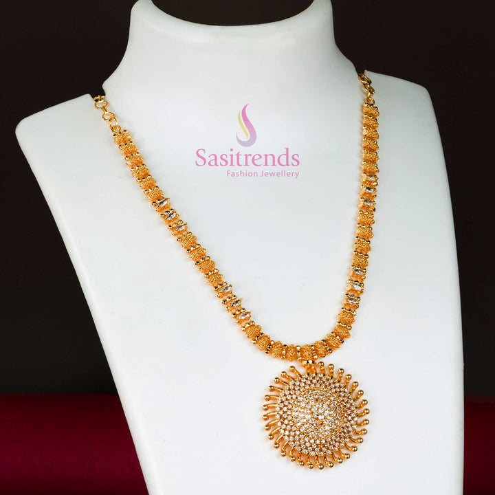 Radiant white stone micro gold plated necklace featuring a sunburst locket with delicate floral AD detailing – a classic bridal jewellery piece for elegant ensembles – Sasitrends