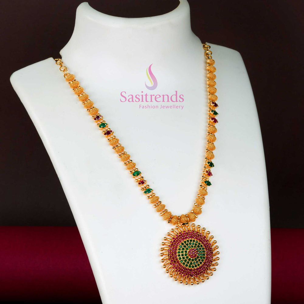 Traditional ruby-green micro gold necklace with a divine sunburst floral locket and radiant American diamonds – a temple-style jewellery marvel for festive wear – Sasitrends