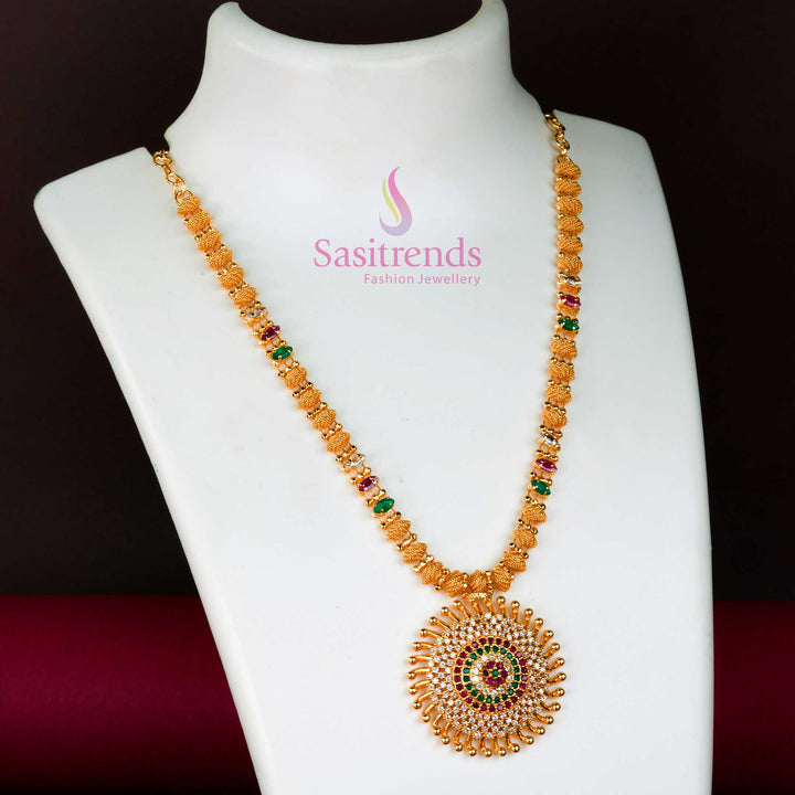 Regal multi-colour Sunburst micro gold plated necklace featuring radiant American diamond layers and a floral locket, a festive jewellery statement piece perfect for vibrant ethnic wear – Sasitrends