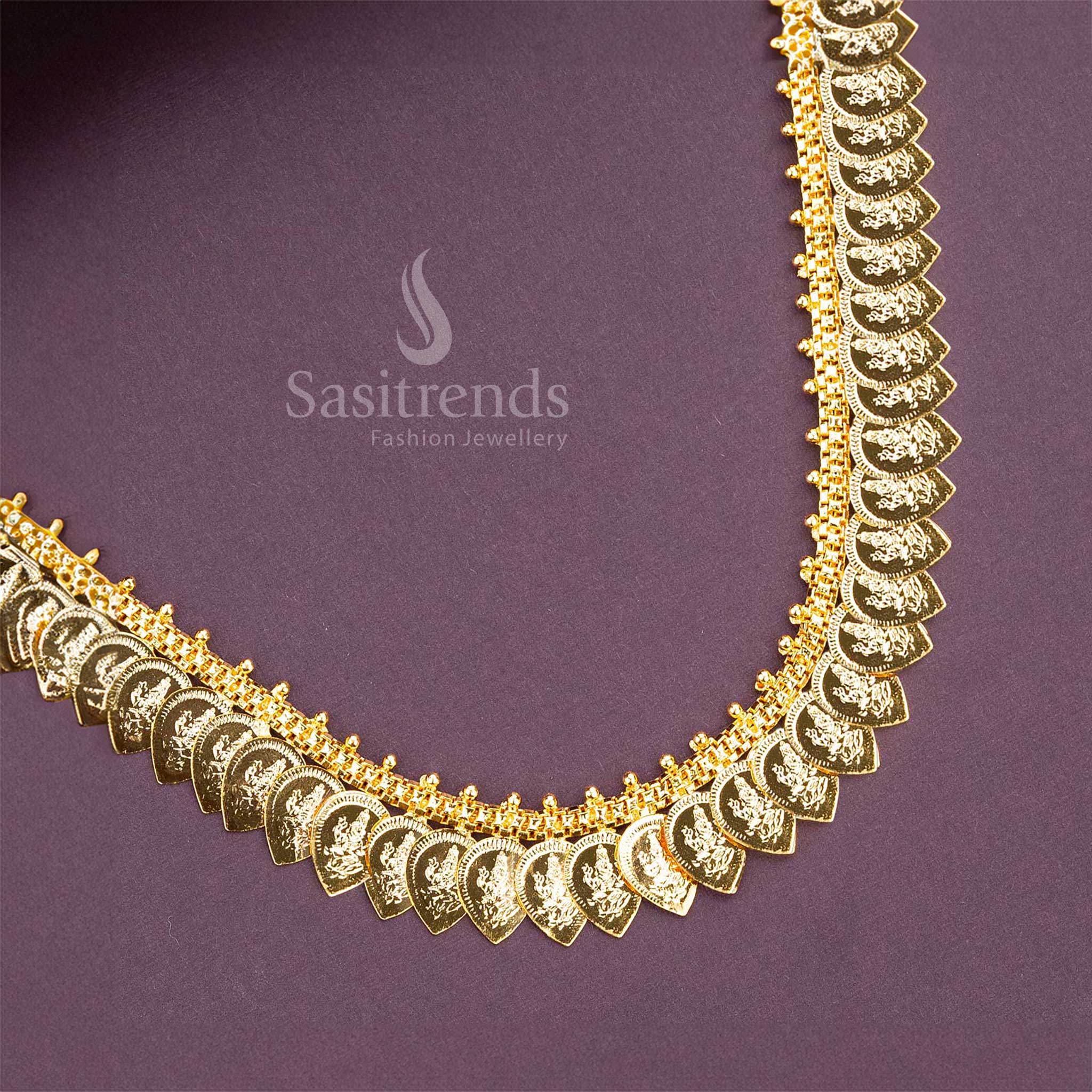 Royal micro gold plated Lakshmi leaf pattern necklace crafted with temple-engraved details and a 24K pure gold finish, symbolising prosperity and devotion – Sasitrends
