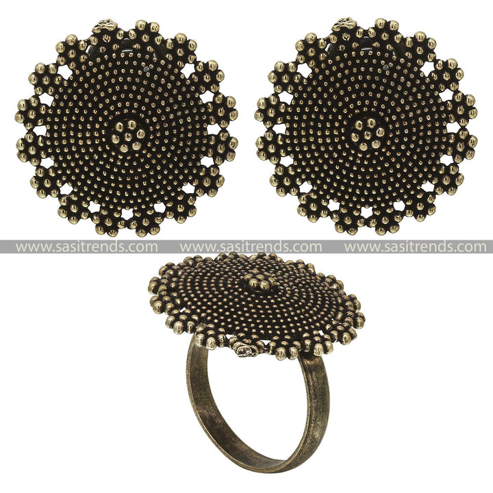 Traditional Crafted Antique Gold Tops with Matching Ring Set 