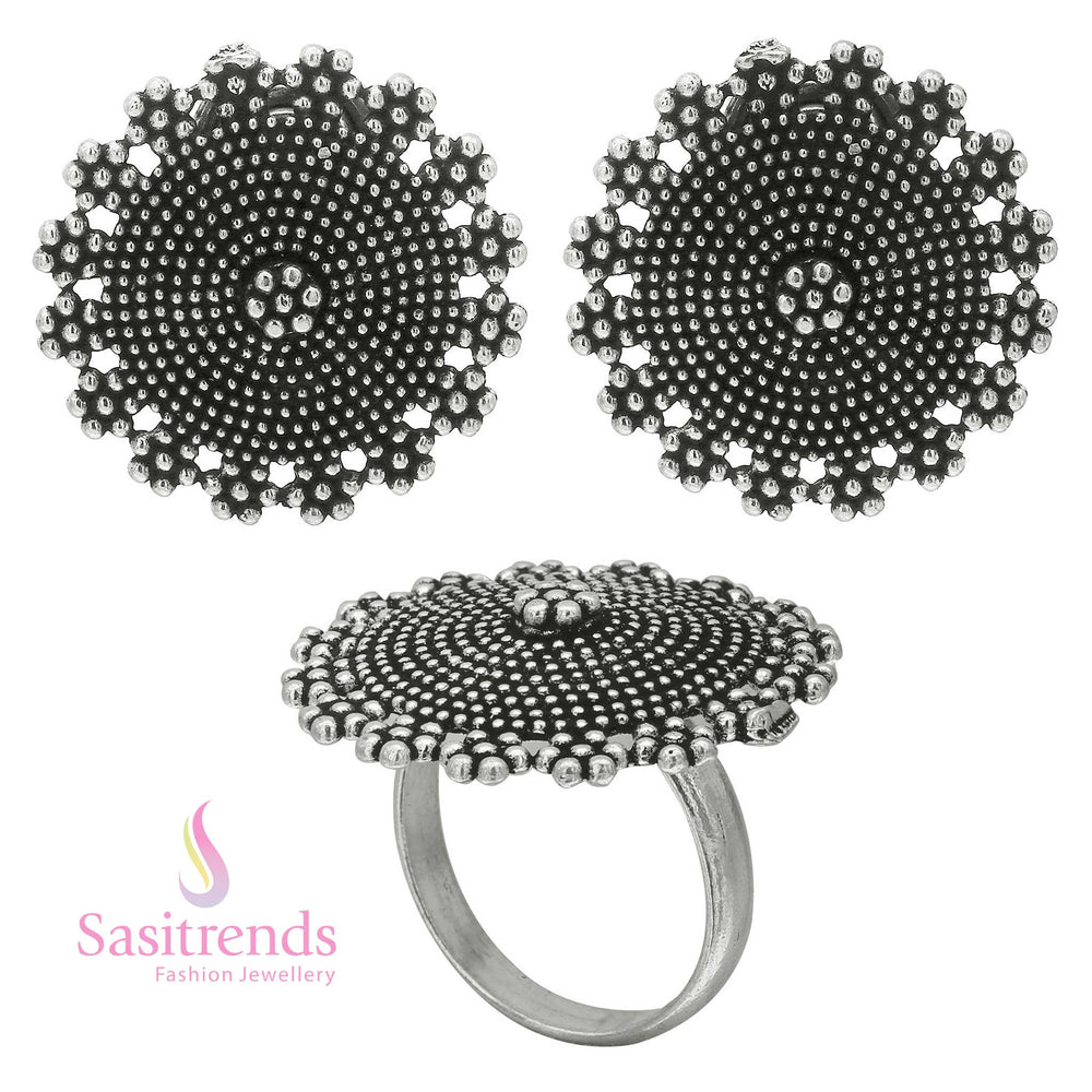 Elegant Oxidised Silver Combo Set with Dome Tops and Adjustable Ring 