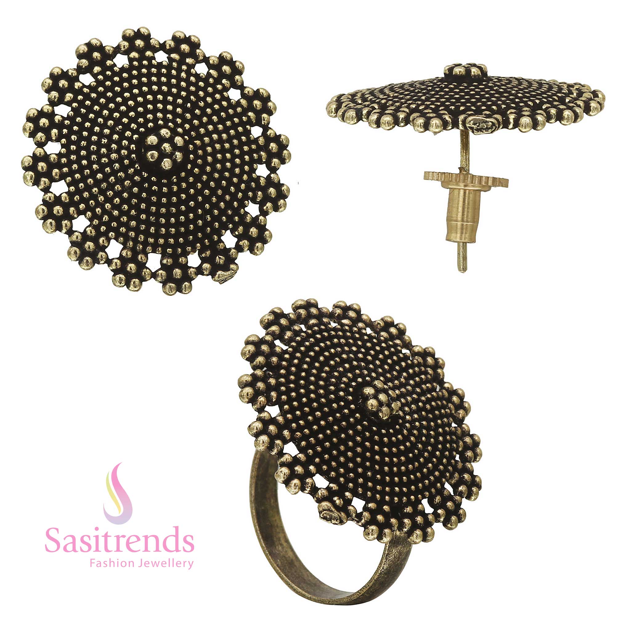 Traditional Crafted Antique Gold Tops with Matching Ring Set 
