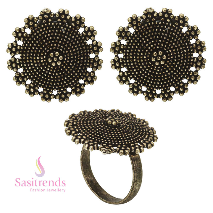 Traditional Crafted Antique Gold Tops with Matching Ring Set 