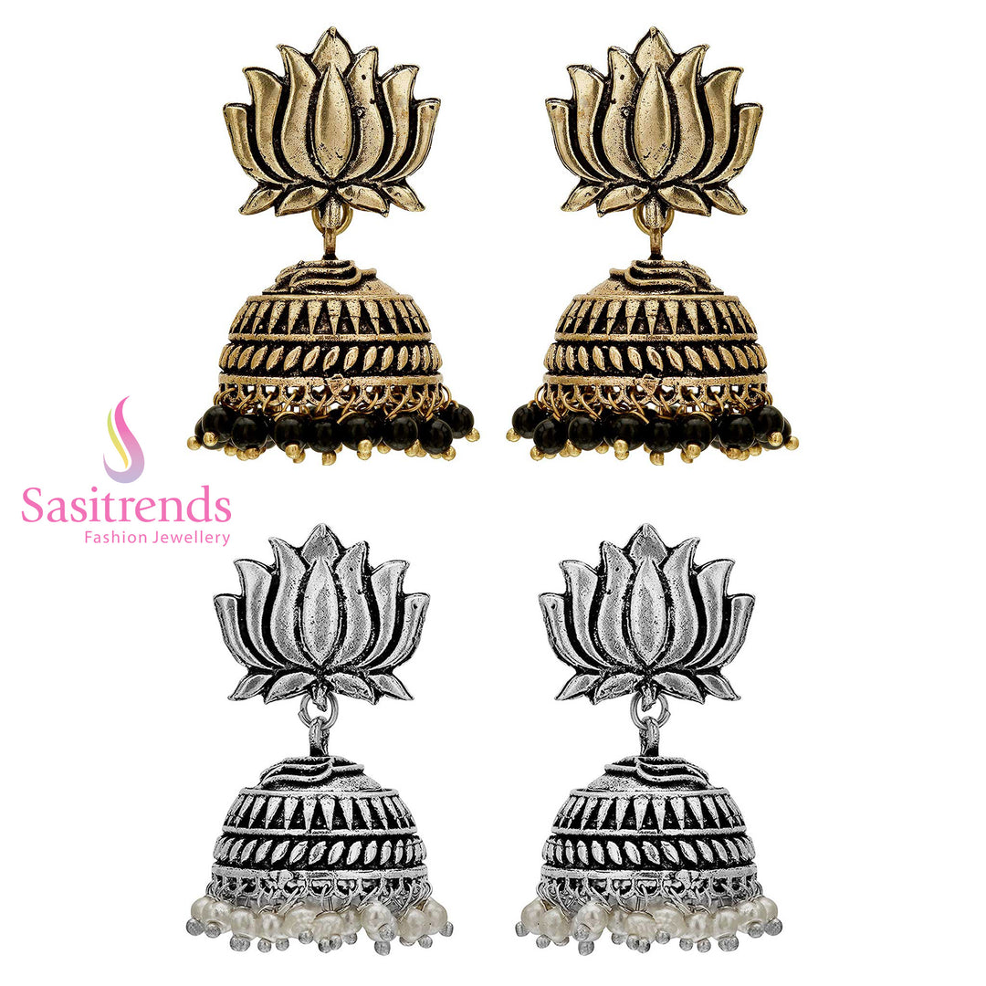 Beautiful Elegant Traditional Lotus Oxidised German Silver Jhumka Earrings