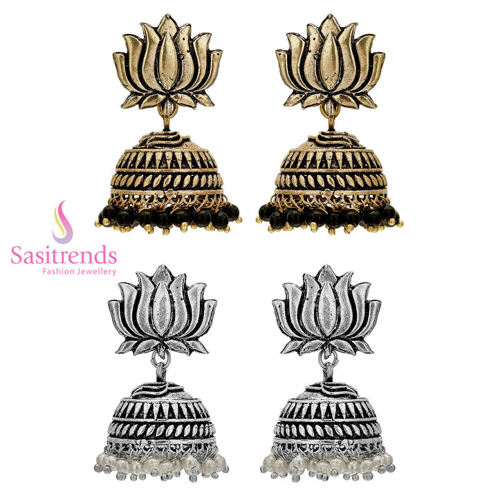 Exquisite Oxidised German Silver Lotus Jhumka Earrings Combo Set - Sasitrends