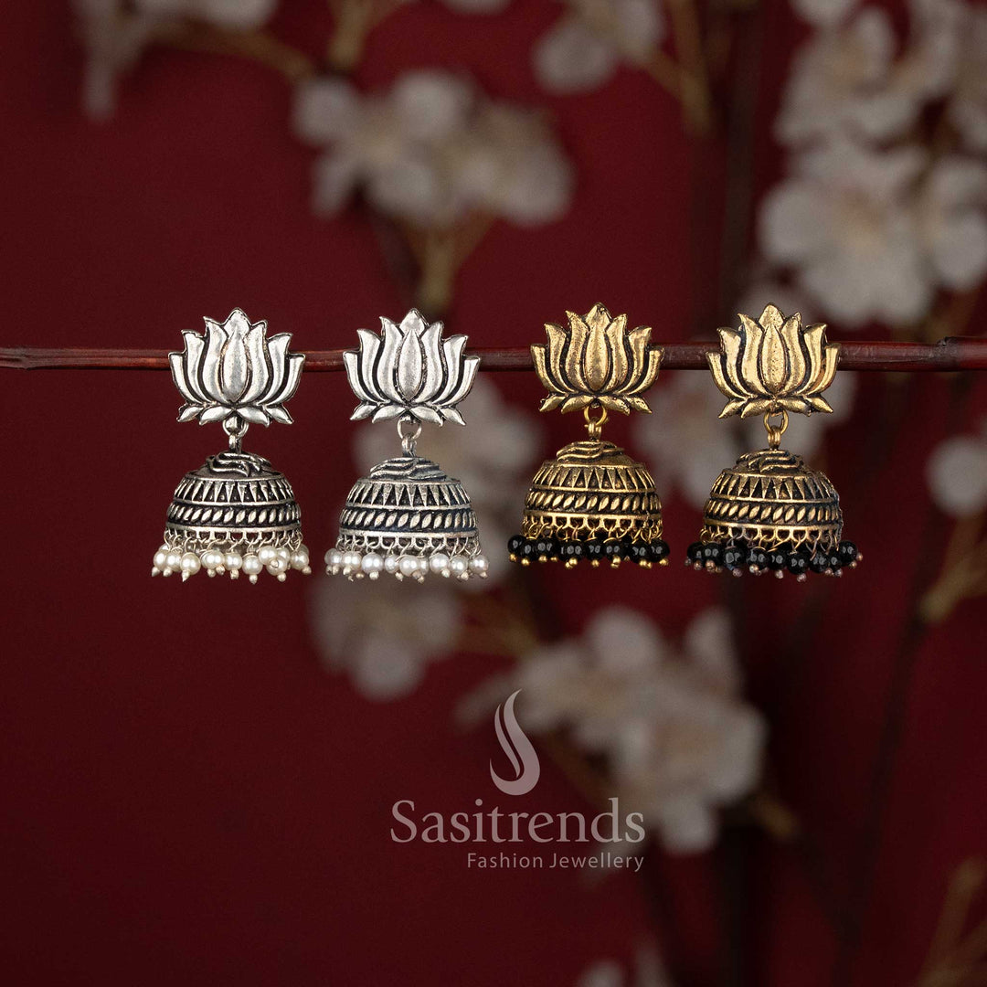 Beautiful Elegant Traditional Lotus Oxidised German Silver Jhumka Earrings