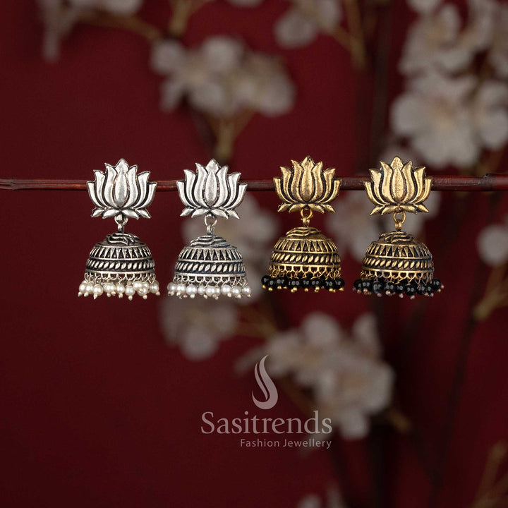 Beautiful Elegant Traditional Lotus Oxidised German Silver Jhumka Earrings