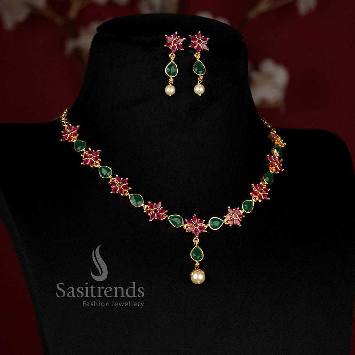 Royal Blossom AD Stone Micro Gold Floral Link Necklace with Pearl Drop - Sasitrends