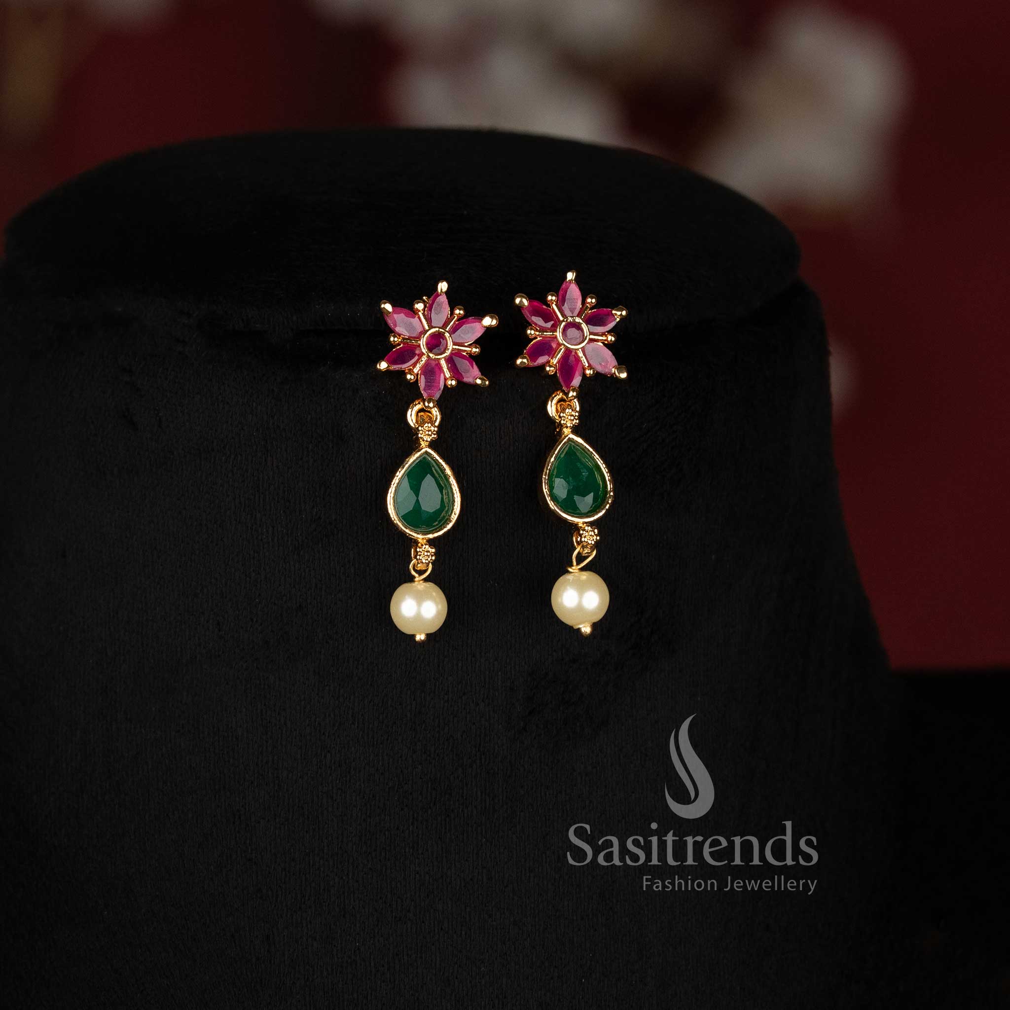 One Gram Micro Gold Plated Floral AD Stone Necklace Set with Pearl Accent for Women - Sasitrends