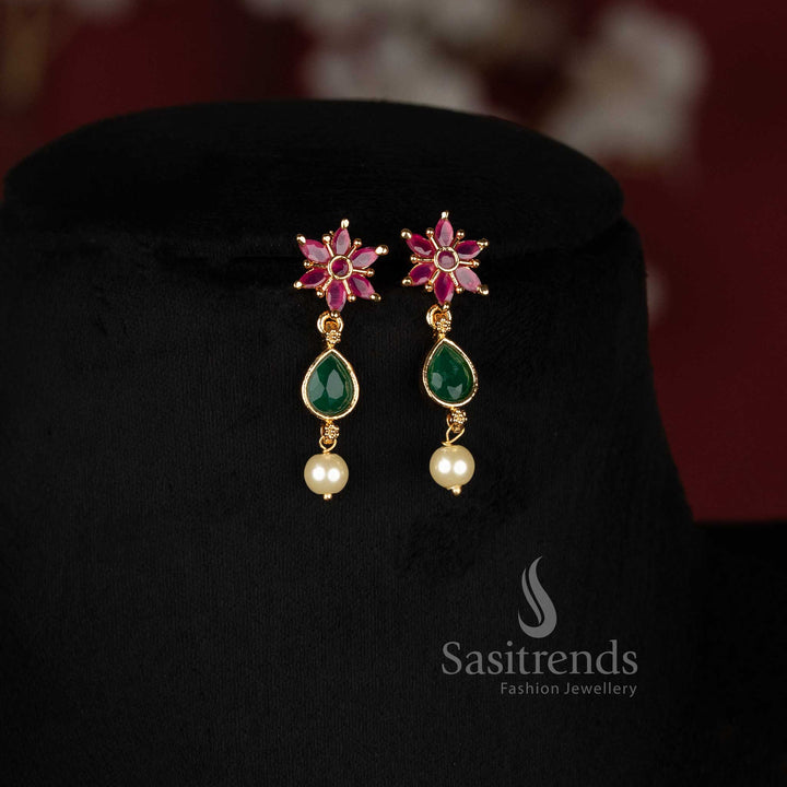One Gram Micro Gold Plated Floral AD Stone Necklace Set with Pearl Accent for Women - Sasitrends