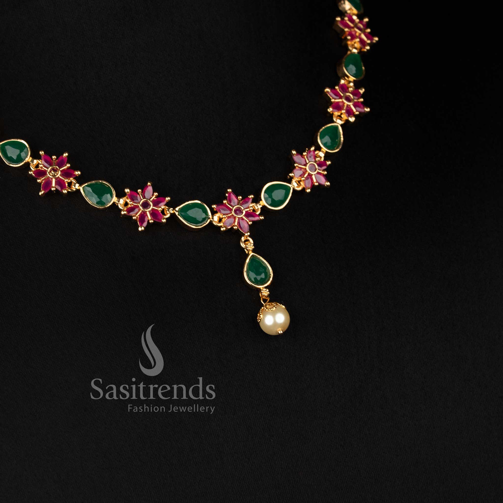 Royal Blossom AD Stone Micro Gold Floral Link Necklace with Pearl Drop - Sasitrends