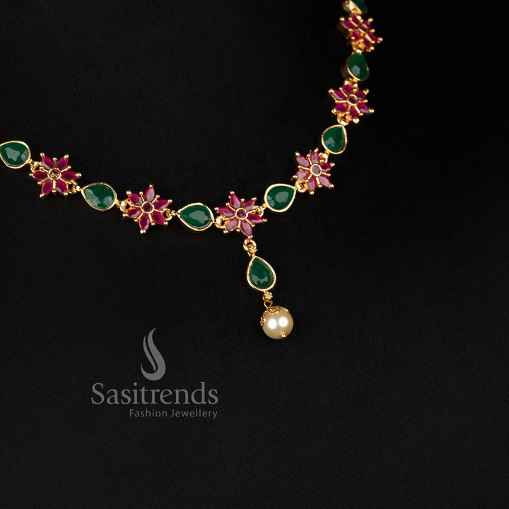 Royal Blossom AD Stone Micro Gold Floral Link Necklace with Pearl Drop - Sasitrends