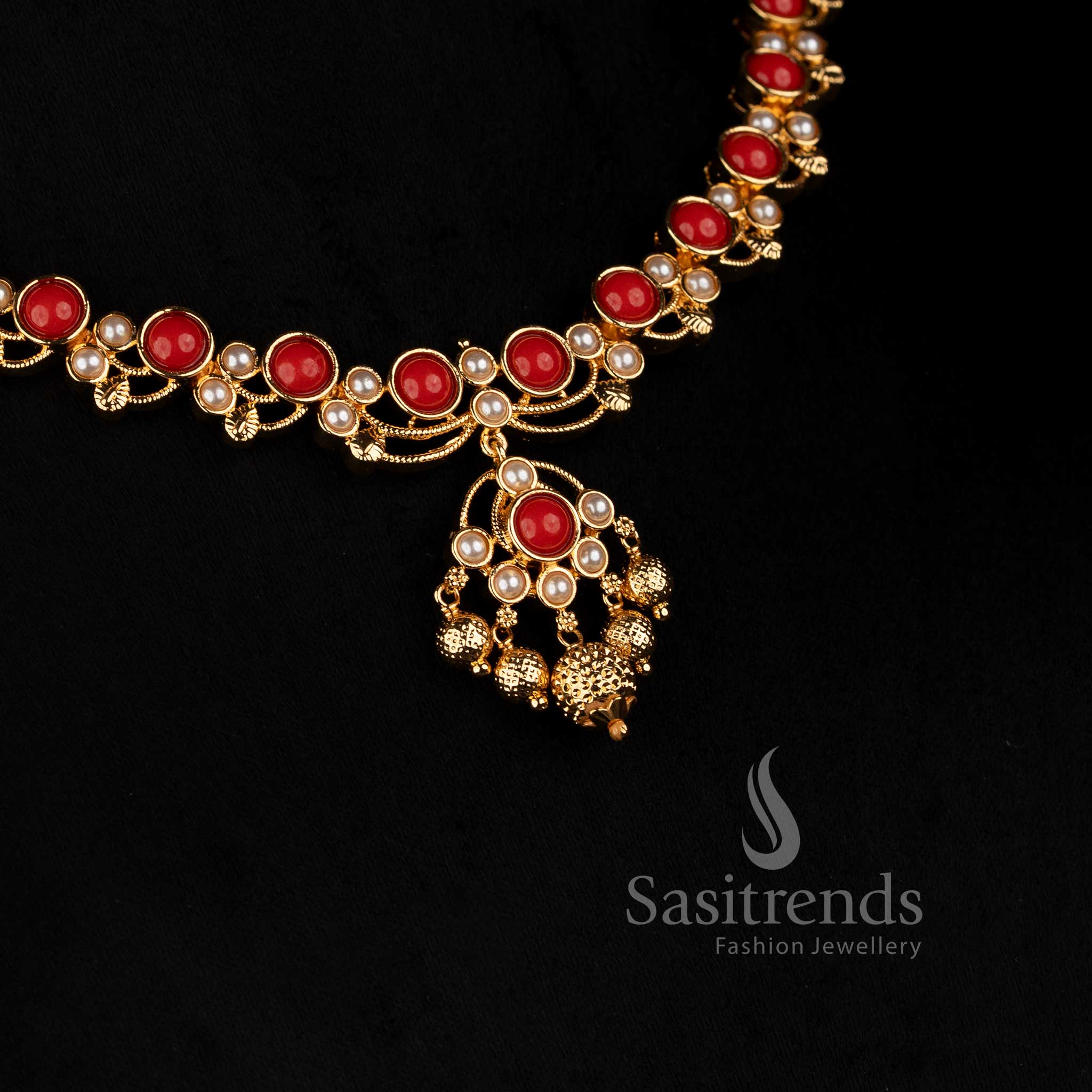 24K micro gold plated necklace and matching earrings set with repeated round stone settings, pearl accents, floral-style connectors and an ornate central hanging pendant
