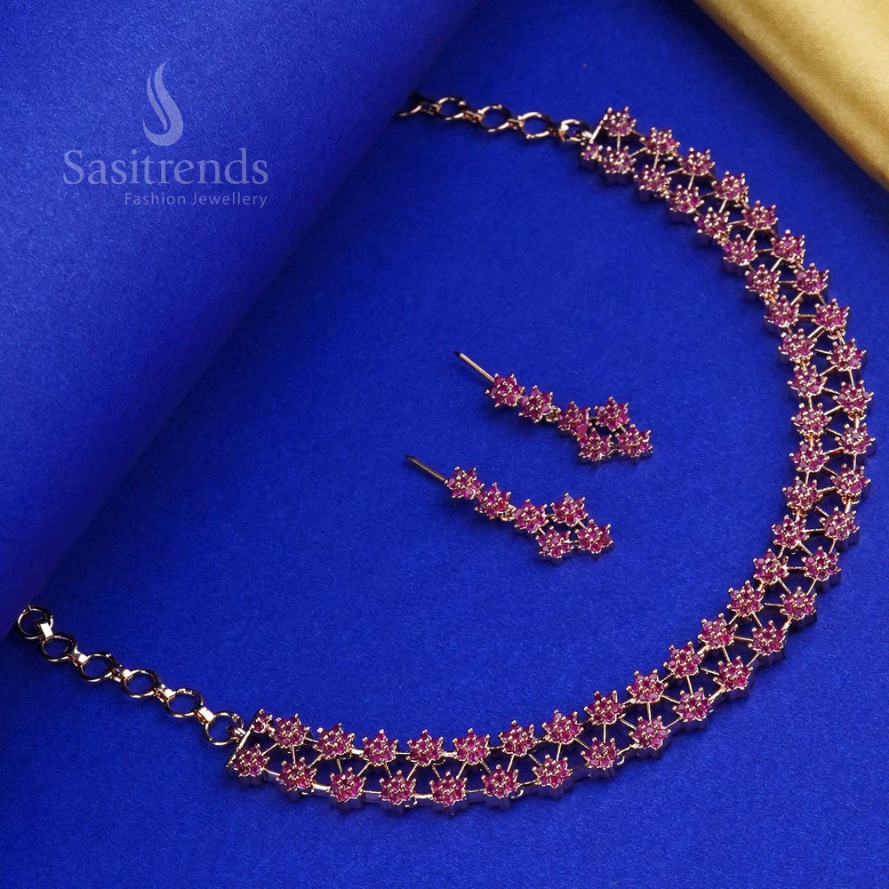 Glittering Two-Line Star American Diamond Jewellery Set - Micro Gold, Rhodium Silver & Rose Gold Plated | Modern Jewellery - Sasitrends