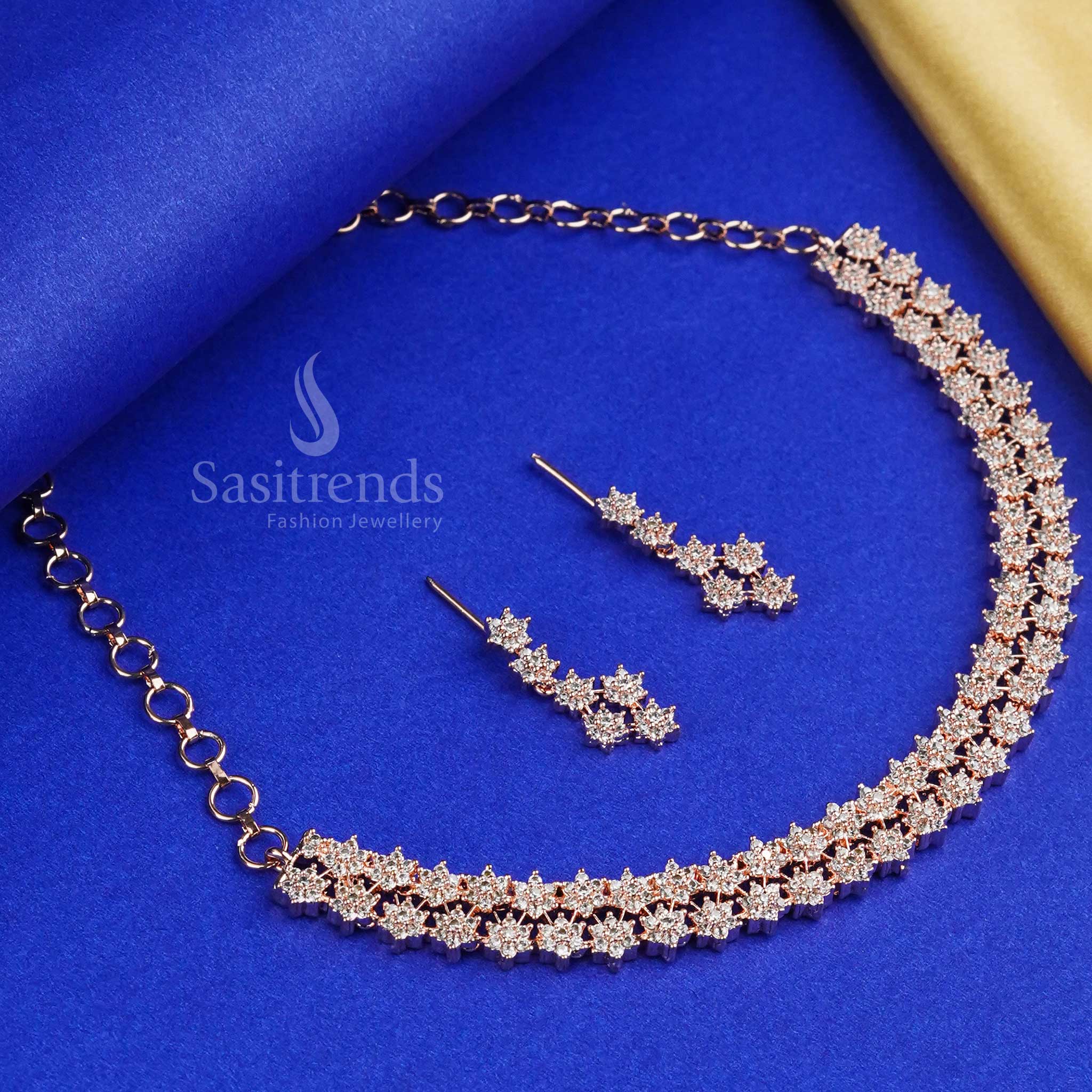 Glittering Two-Line Star American Diamond Jewellery Set - Micro Gold, Rhodium Silver & Rose Gold Plated | Modern Jewellery - Sasitrends