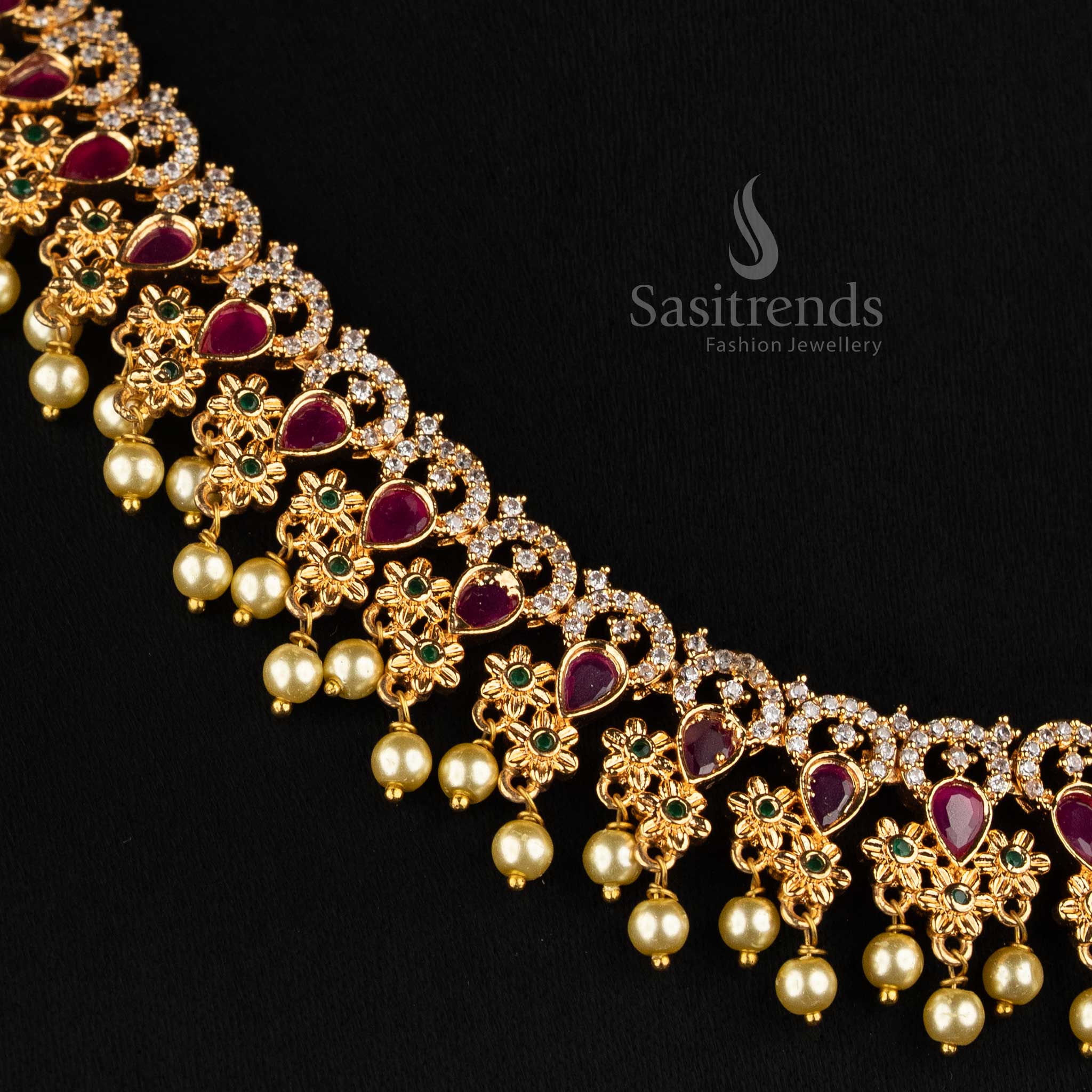 Micro Gold Plated AD Pearl Drop Choker Set for Wedding and Festive Wear - Sasitrends
