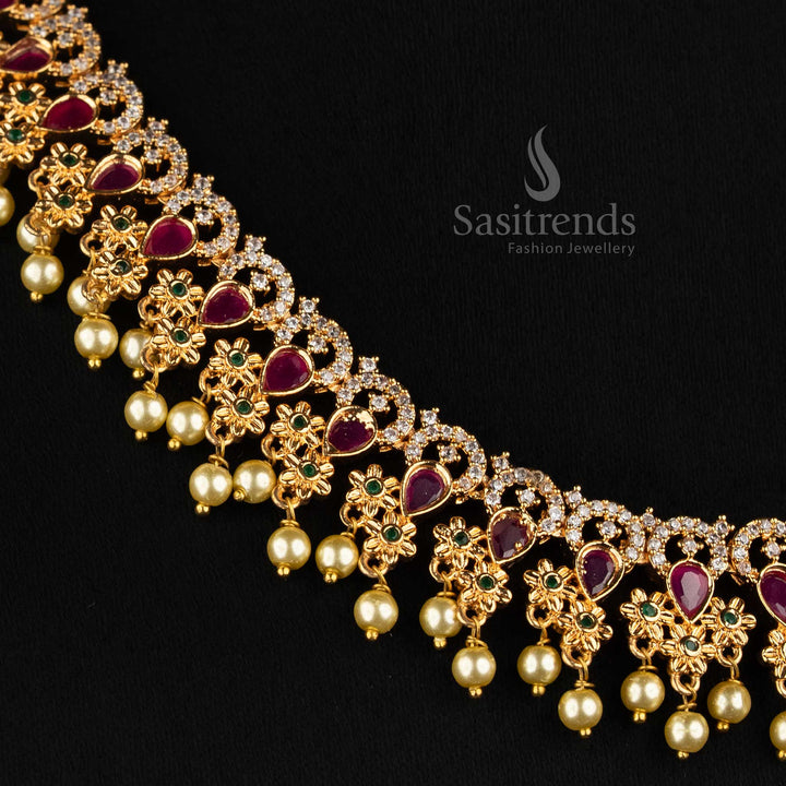 Micro Gold Plated AD Pearl Drop Choker Set for Wedding and Festive Wear - Sasitrends
