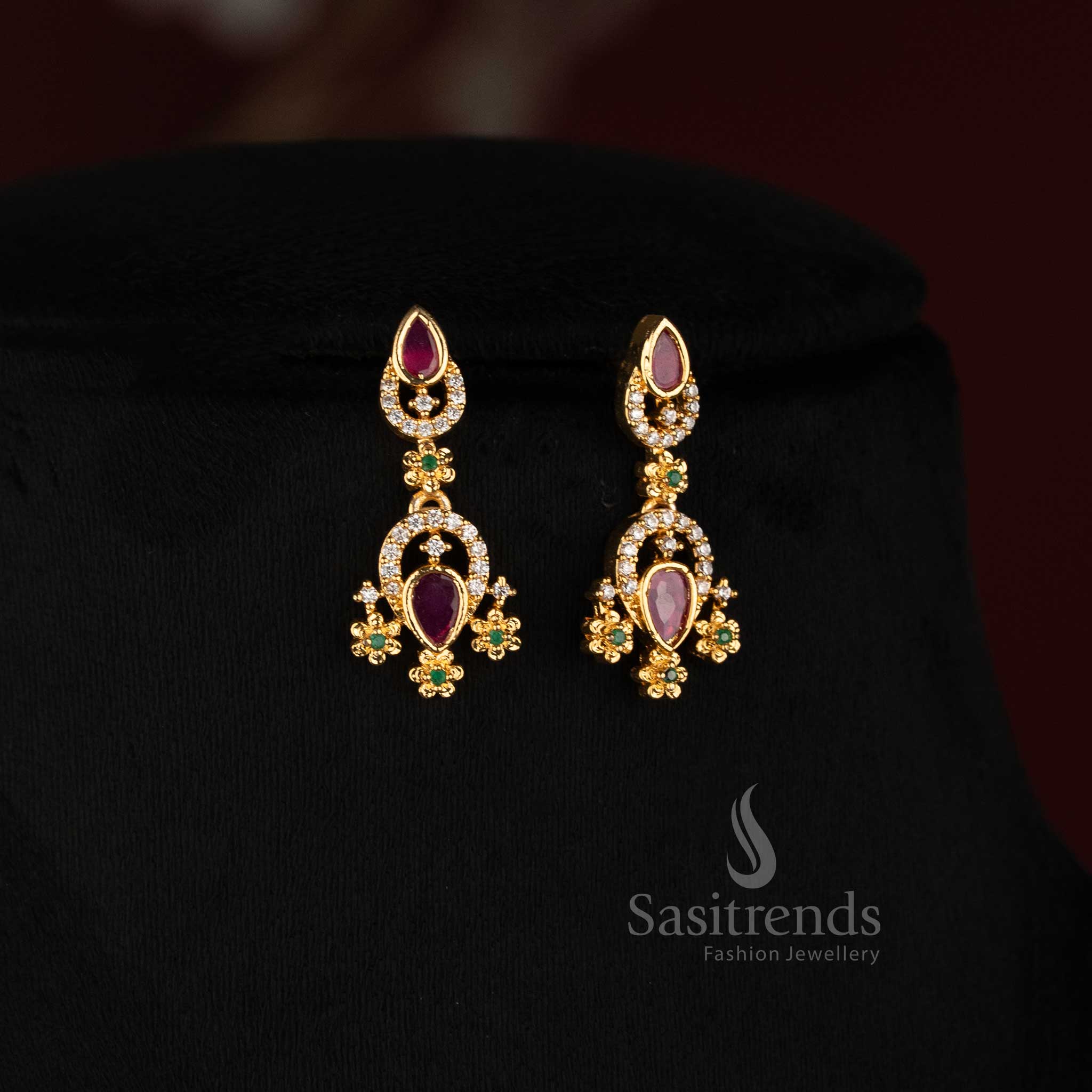 Stunning Micro Gold Plated AD Floral Pearl Drop Choker Necklace Set - Sasitrends