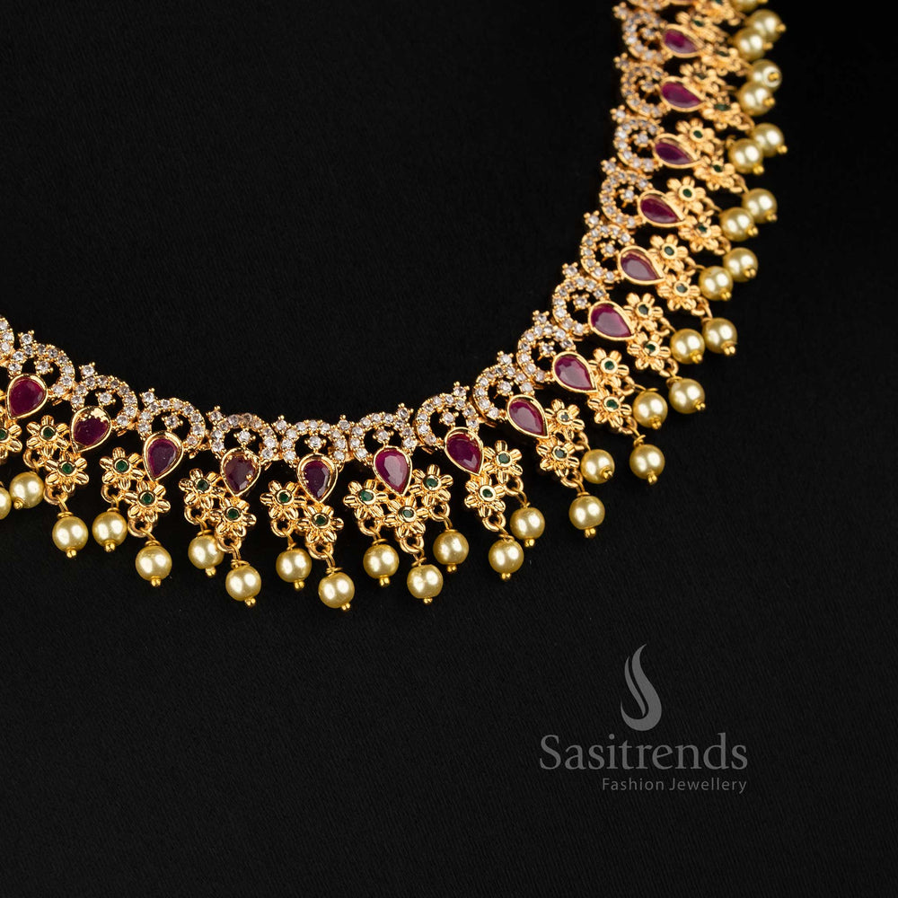 Micro Gold Plated AD Pearl Drop Choker Set for Wedding and Festive Wear - Sasitrends