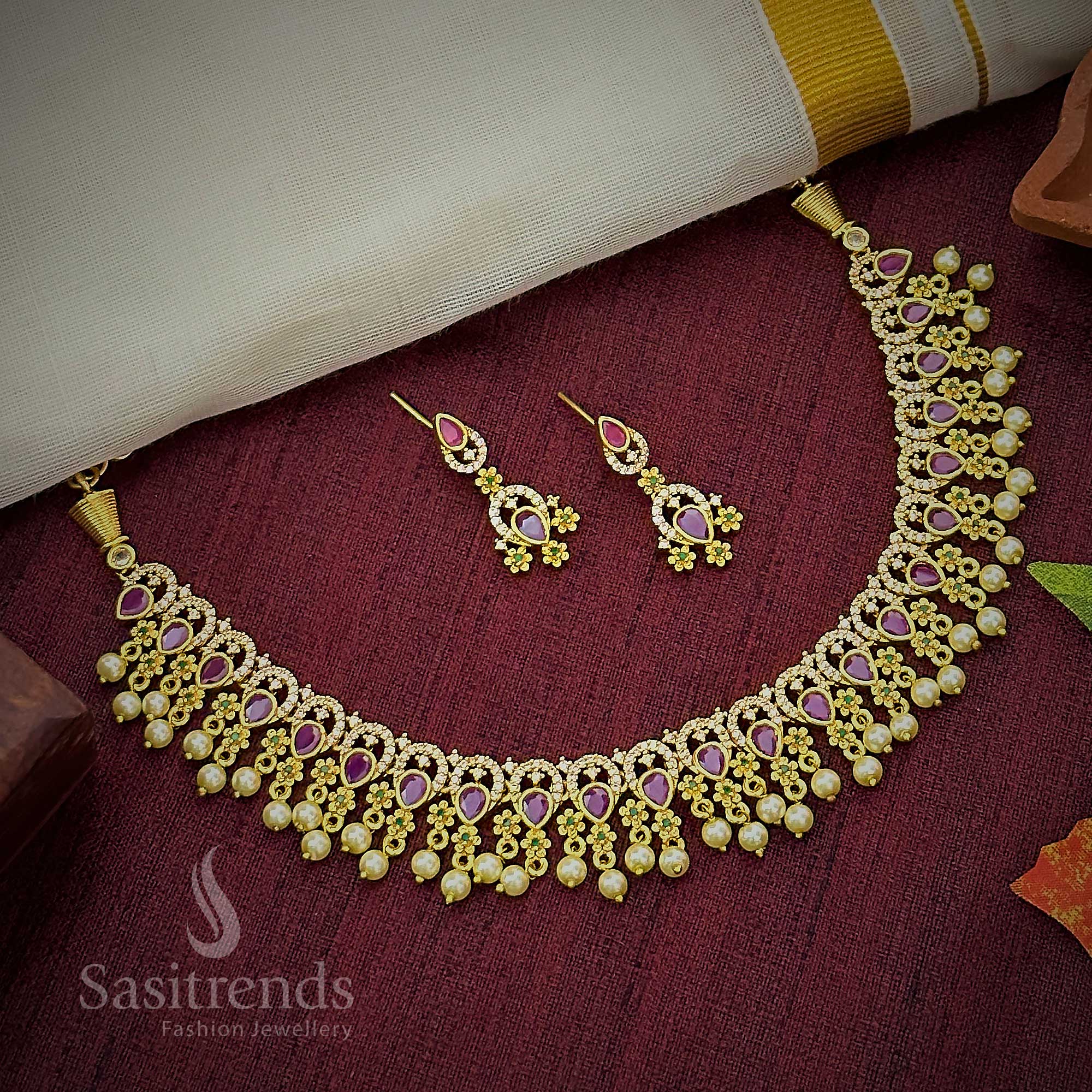 One Gram Micro Gold Plated AD Floral Pearl Choker Necklace Set for Women - Sasitrends