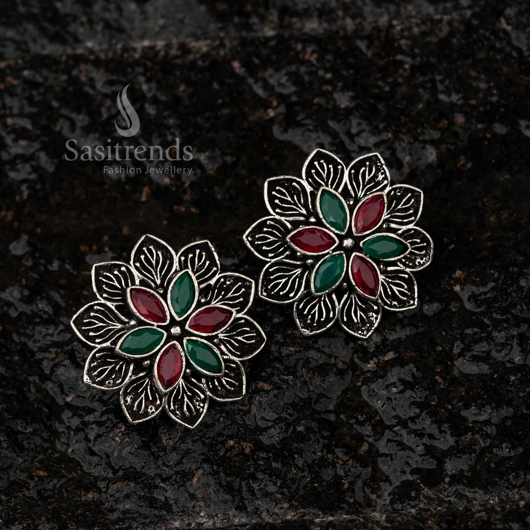 Oxidised Floral Stud Earrings Navratri Special Elegance Sasitrends Online Shopping
