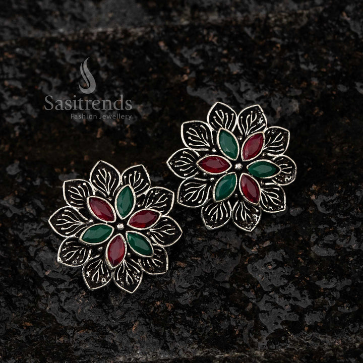 Sasitrends | Oxidised Floral Stud Earrings with Stones - Perfect for Navratri