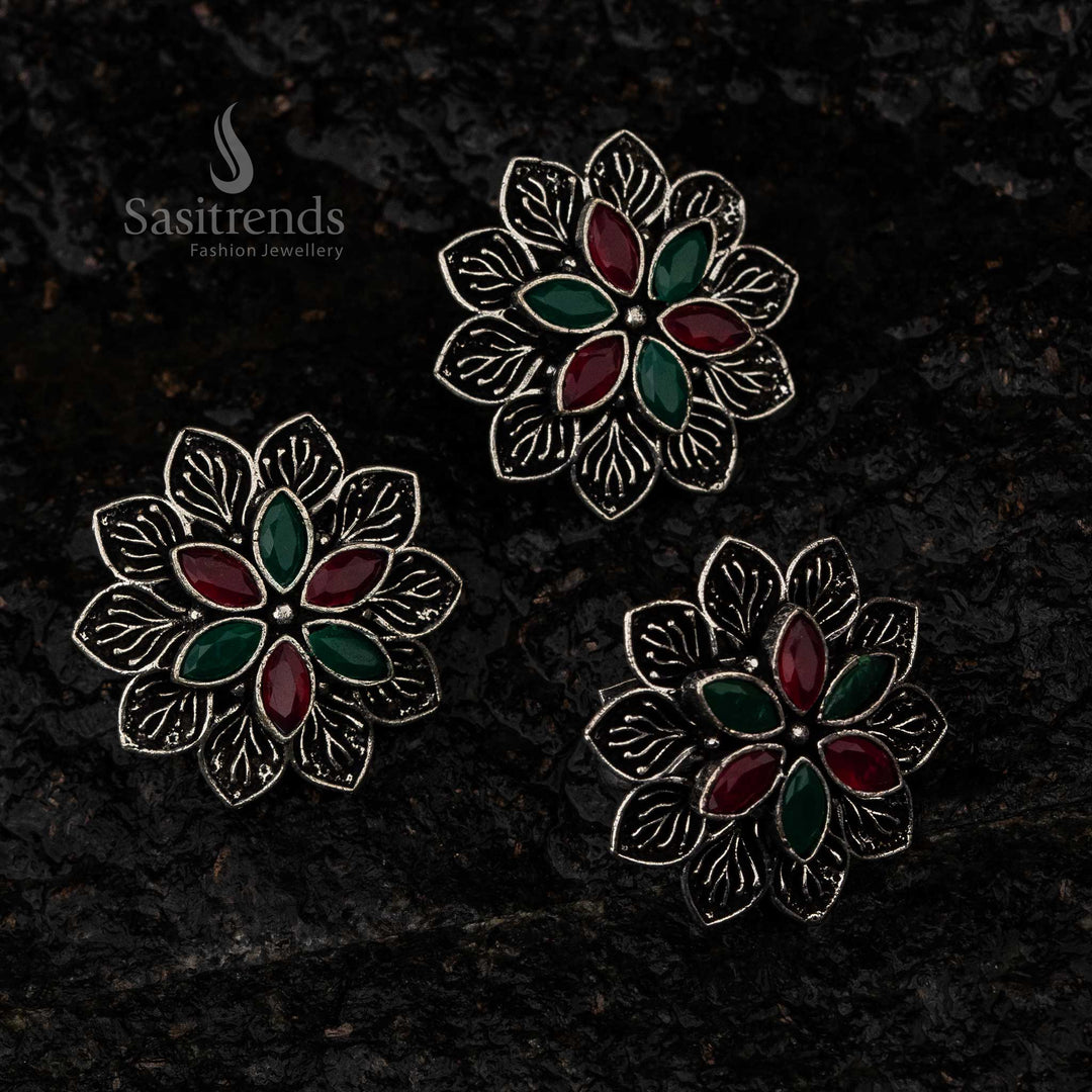 Oxidised Floral Stud Earrings and Ring Set Sasitrends Online Shopping