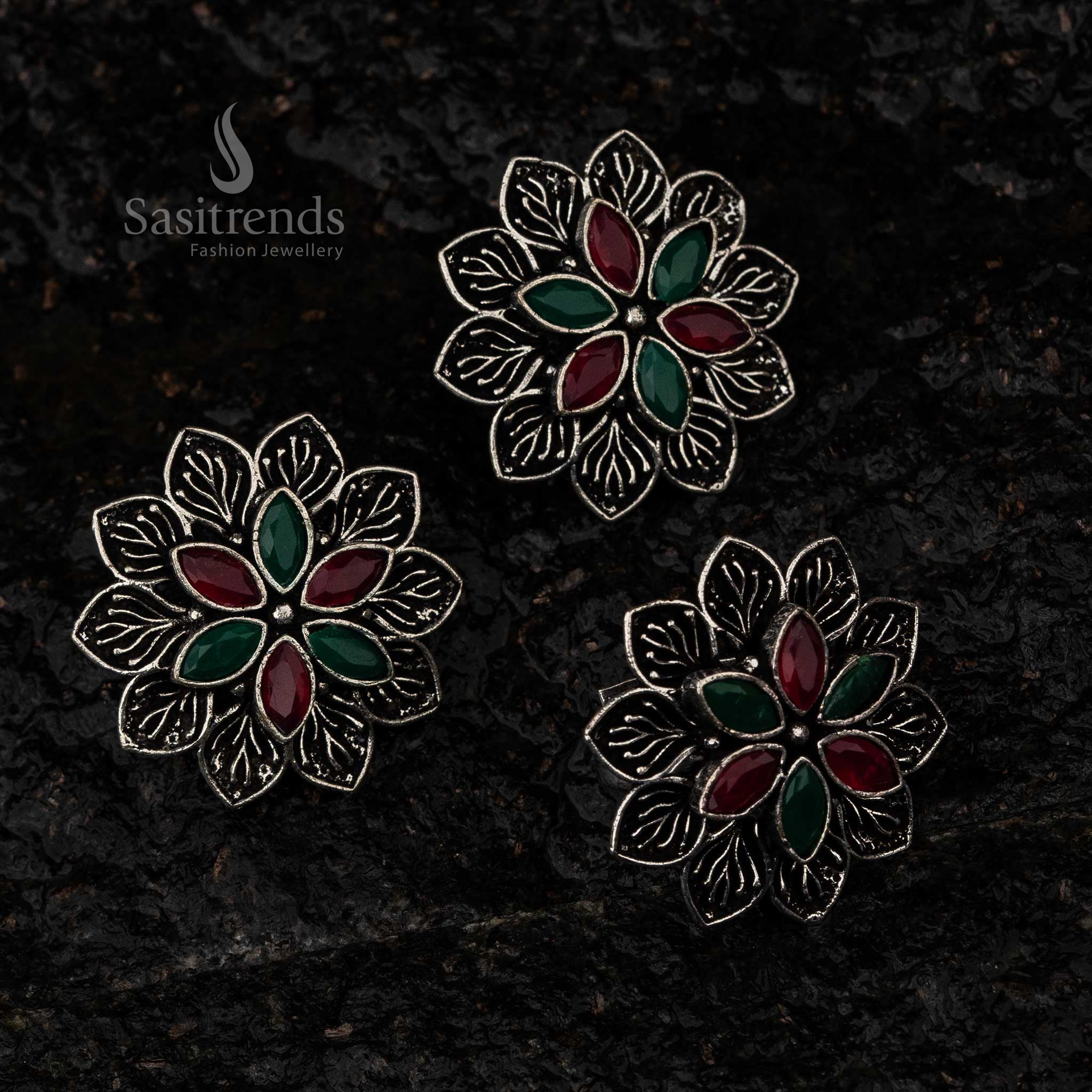 Oxidised Floral Stud Earrings and Ring Set Sasitrends Online Shopping