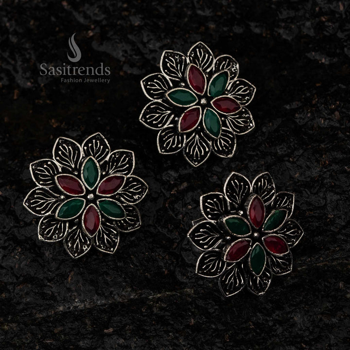 Sasitrends | Oxidised Floral Stud Earrings and Adjustable Ring Set with Stones - Perfect for Navratri