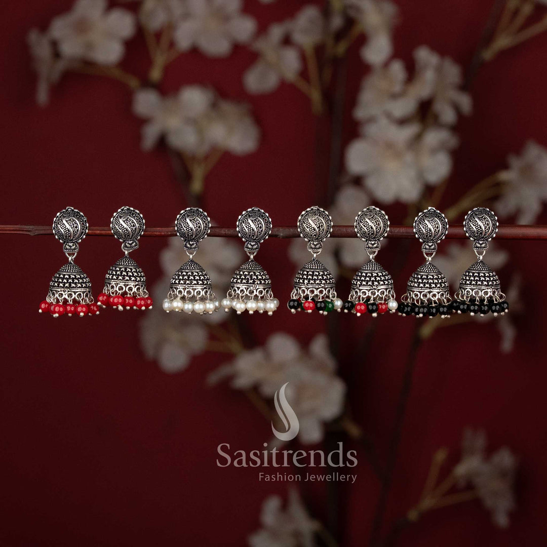 Traditional tribal style oxidised lotus stud jhumka earrings with ghungroo drops - Sasitrends