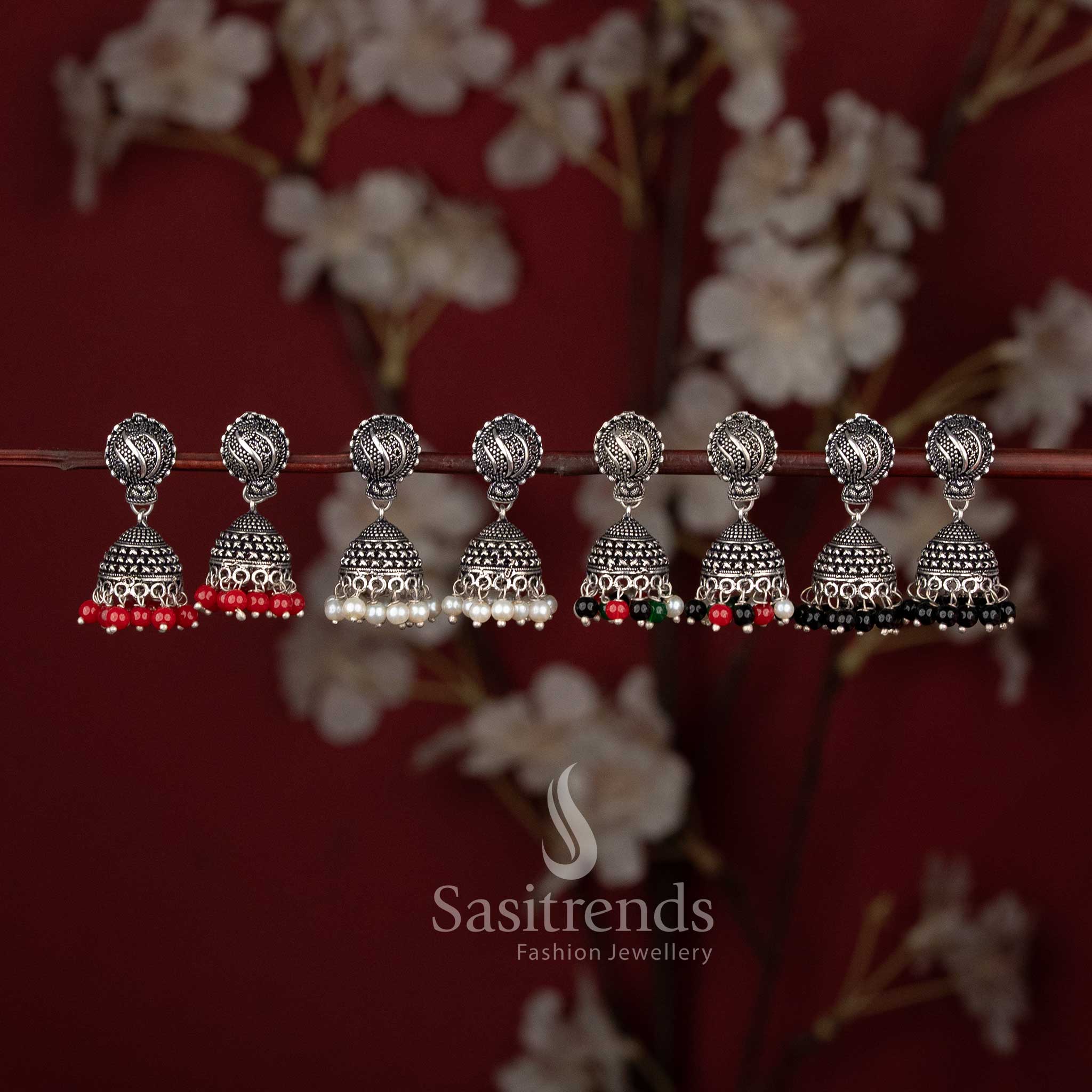 Traditional tribal style oxidised lotus stud jhumka earrings with ghungroo drops - Sasitrends