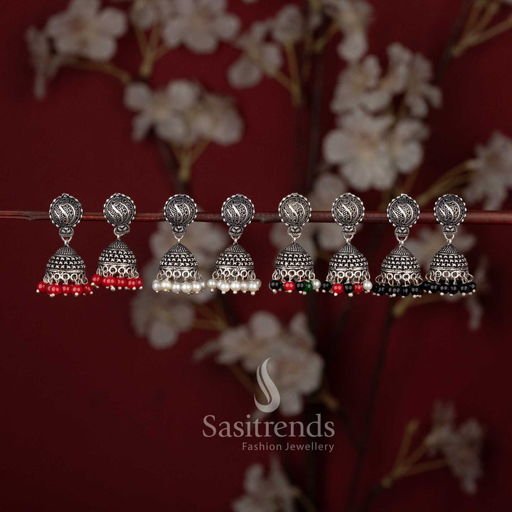 Traditional tribal style oxidised lotus stud jhumka earrings with ghungroo drops - Sasitrends