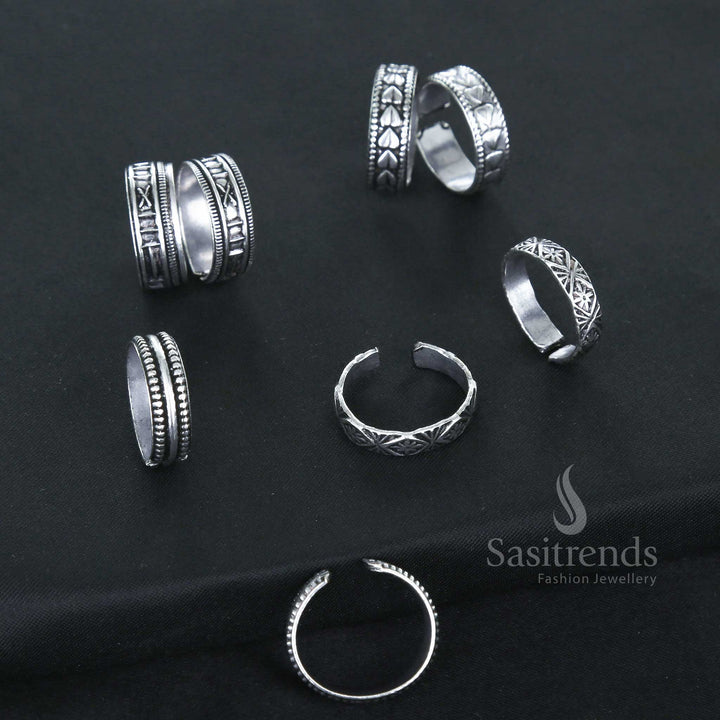 Latest Traditional Oxidised Silver Combo Toe Rings - Set of 4 Pairs with Openable Pattern