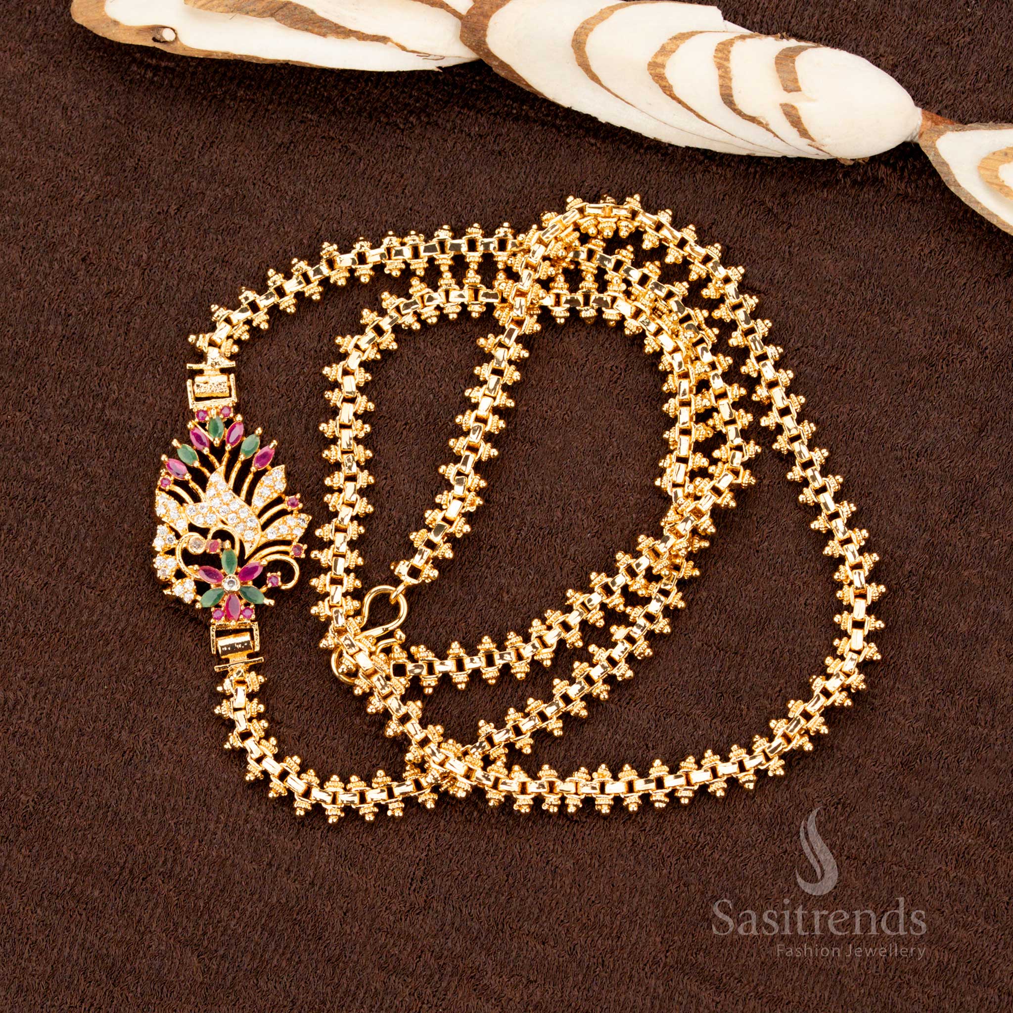 Micro Gold Plated Floral Leaf Mugappu Chain with AD Stones – Sasitrends 