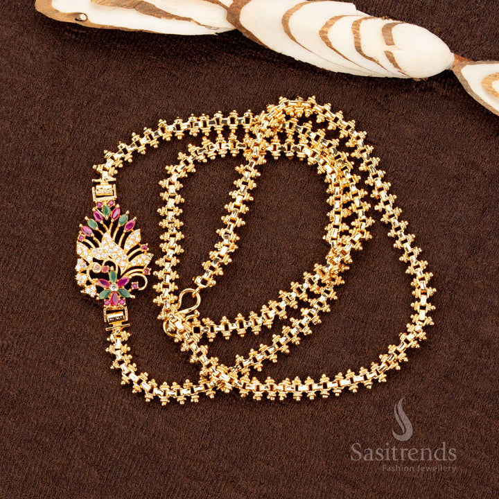 Stunning One Gram Micro Gold Plated Designer Leaf Floral Mugappu Chain with AD Stones – Traditional Saree Wear Guaranteed Jewelry - Sasitrends