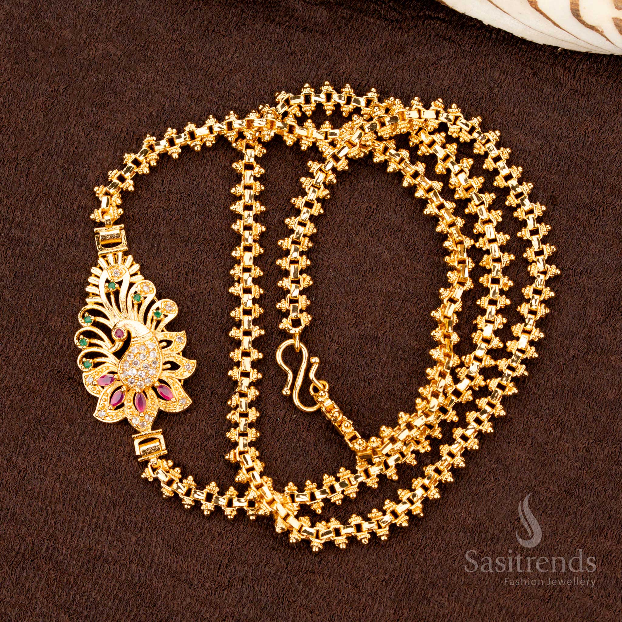 
One gram Mugappu chain with peacock design and AD stones – Sasitrends