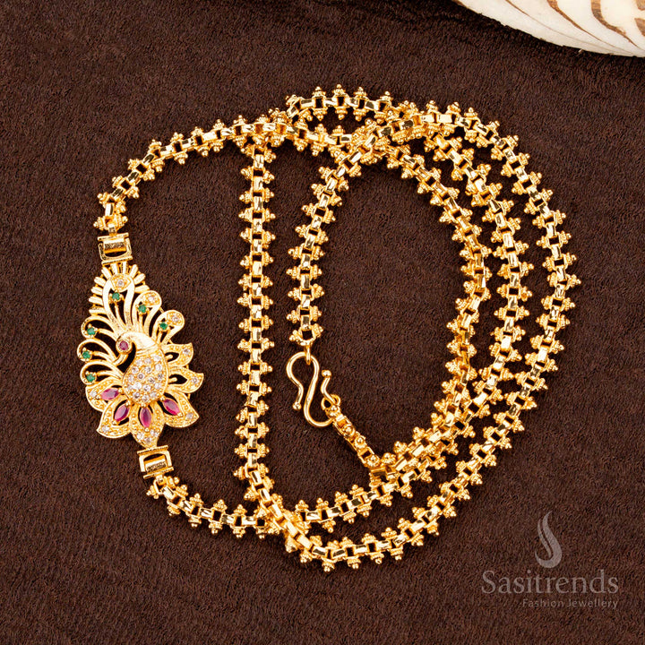 One Gram Micro Gold Plated Mugappu Chain with AD Stones and Peacock Design – Traditional Saree Wear - Sasitrends