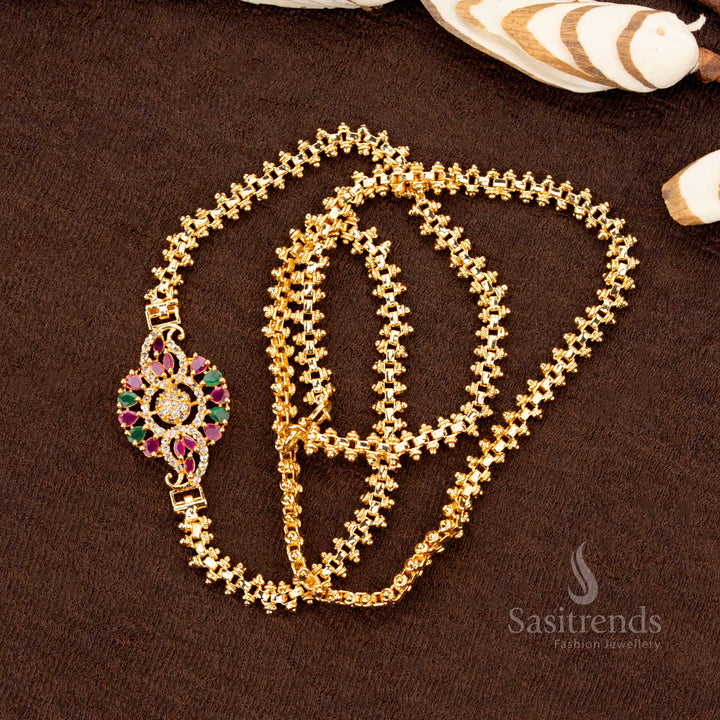 Gorgeous One Gram Micro Gold Plated AD Stone Floral Mugappu Chain with Traditional Design – Perfect for Sarees and Festive Wear - Sasitrends