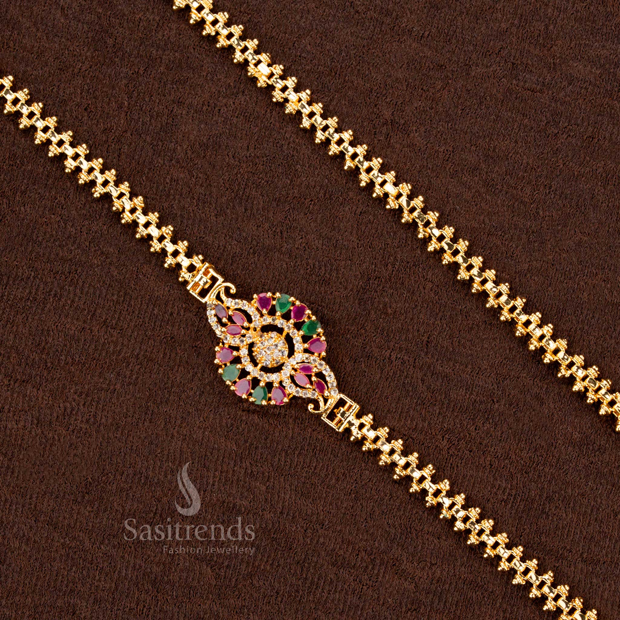 
Saree jewellery Mugappu chain with AD stone floral motif – Sasitrends