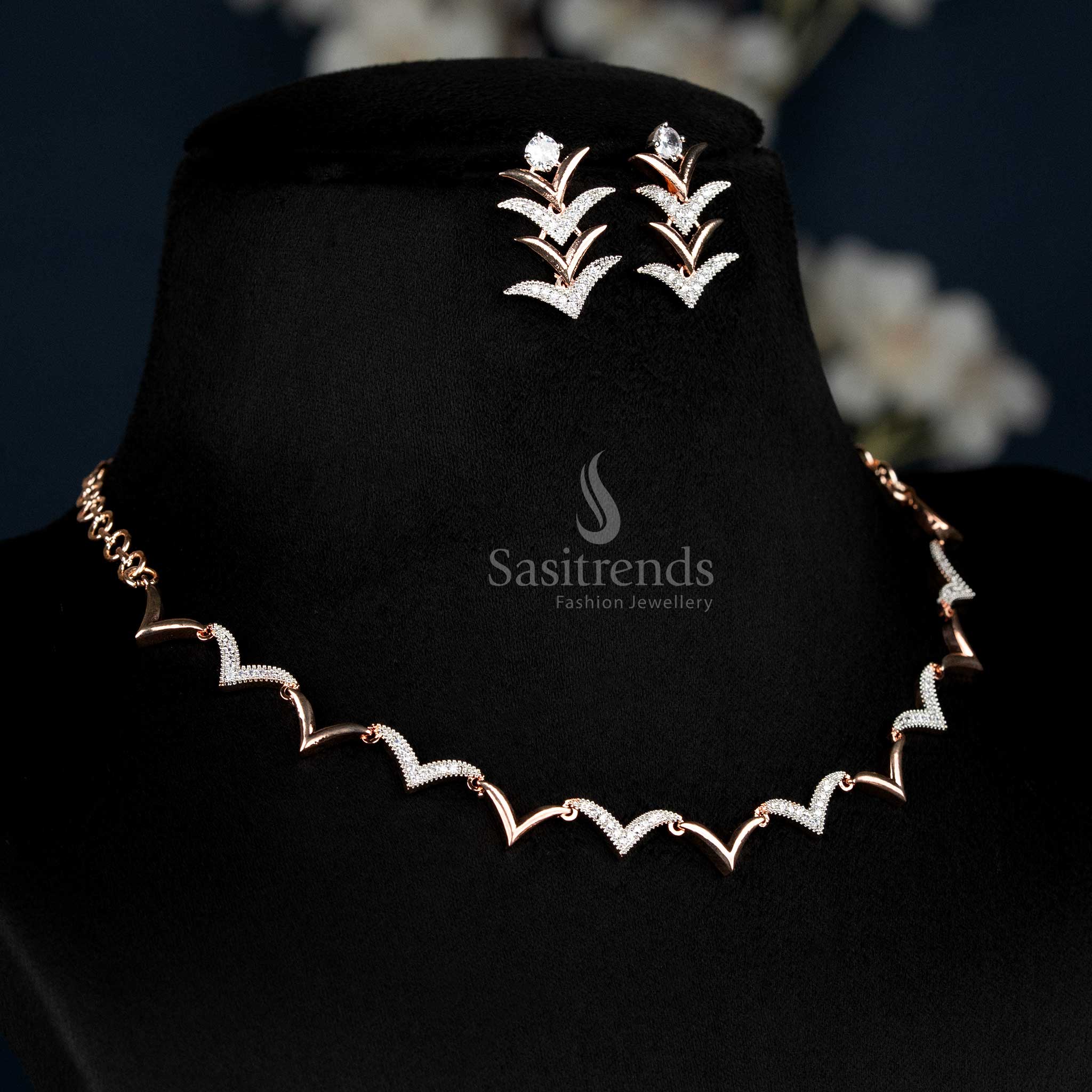 Rose Gold and Rhodium Plated Zig Zag AD Necklace - Sasitrends