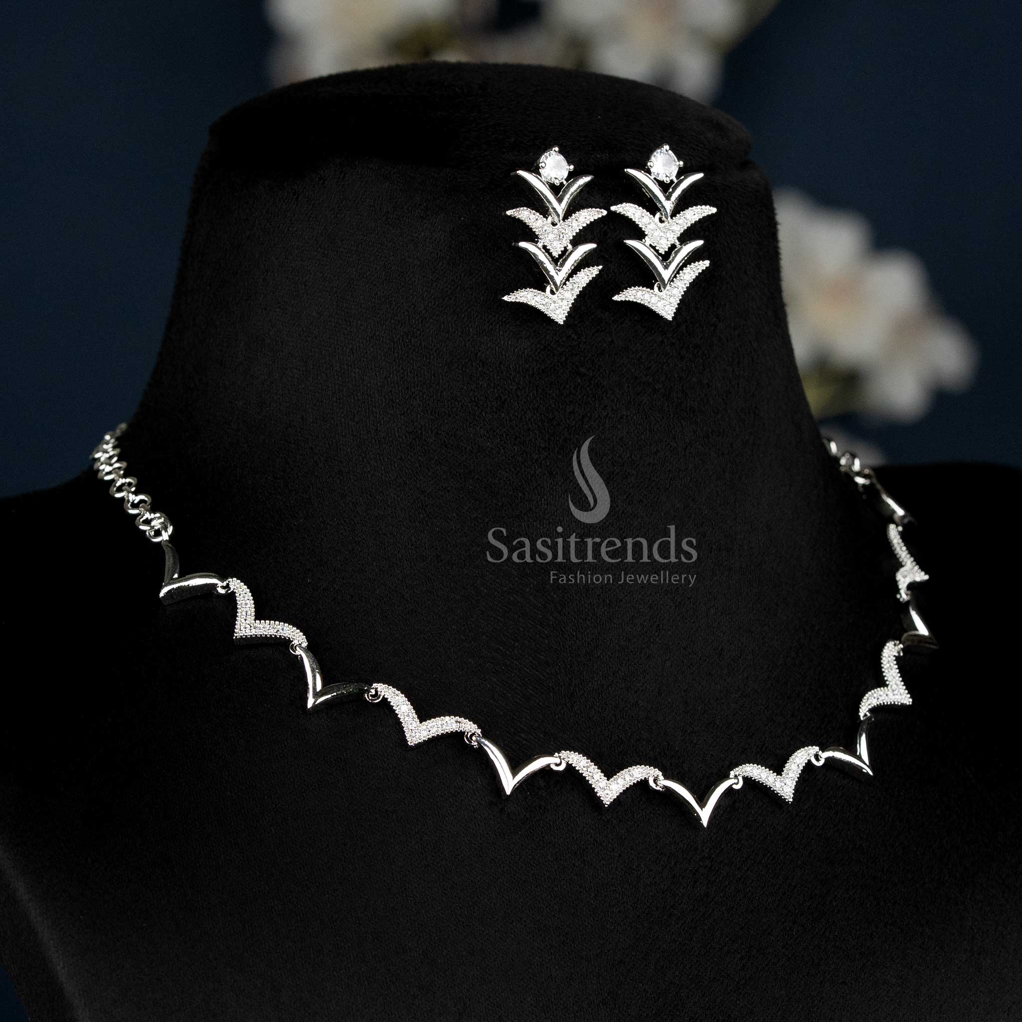 American Diamond Zig Zag Necklace Set with Earrings - Sasitrends