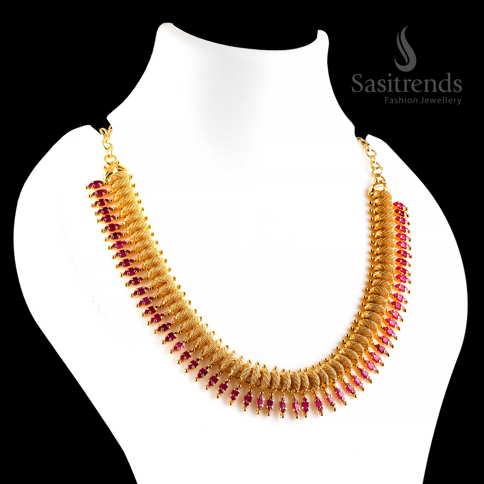 Exquisite handcrafted micro gold-polished leaf-inspired necklace set adorned with a dazzling marques stone and a radiant crimson-rose ruby gemstone - Sasitrends