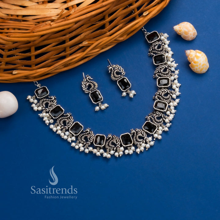 Mystic Night Peacock Black Oxidised Stone Choker with Rectangular Centre Accents – Festive Morvi Jewellery for Sarees and Salwars by Sasitrends
