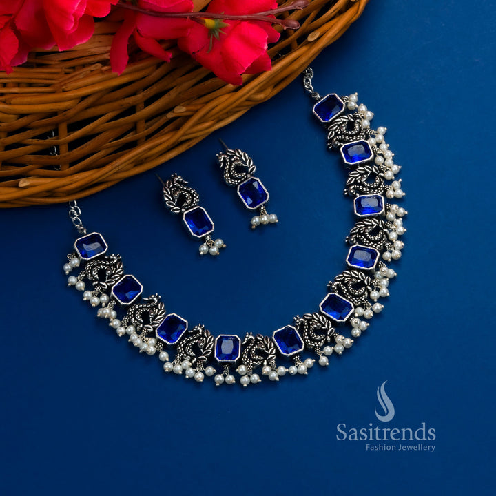 Cool Ocean Tone Peacock Oxidised Necklace with Rectangle Gem Stones and Matching Jhumkas – Stunning Morvi Jewellery for Mehendi Looks by Sasitrends