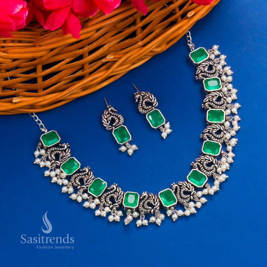 Forest Green Peacock Style Oxidised Necklace with Square-Cut Stone Bars and Ethnic Jhumkas – Morvi Jewellery for Temple and Festive Wear by Sasitrends