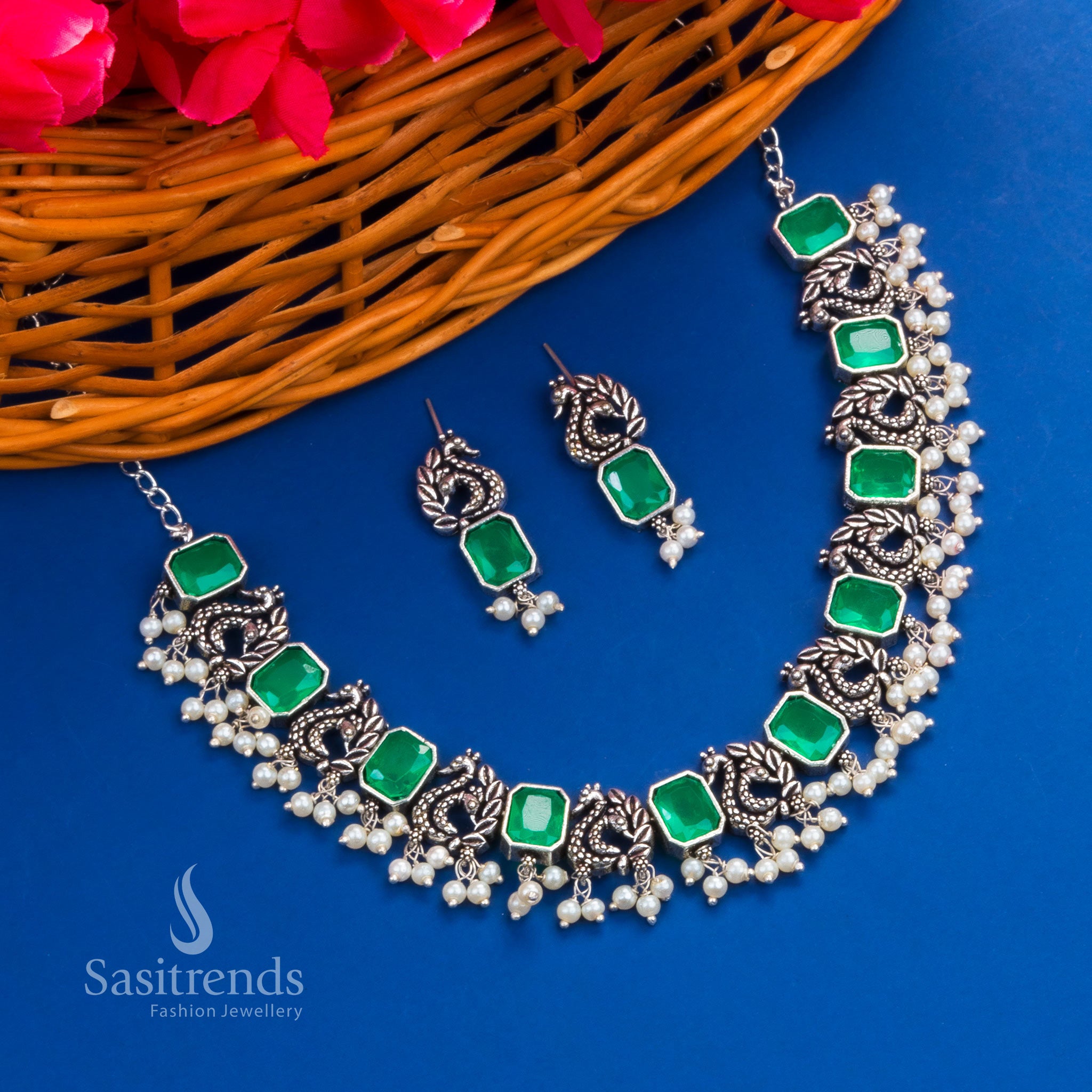 Forest Green Peacock Style Oxidised Necklace with Square-Cut Stone Bars and Ethnic Jhumkas – Morvi Jewellery for Temple and Festive Wear by Sasitrends