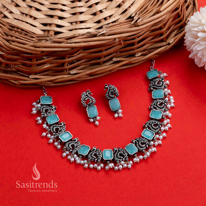 Mint Magic Oxidised Peacock Necklace with Rectangle-Cut Stones and Traditional Jhumkas – Refreshing Morvi Jewellery for Summer Occasions by Sasitrends